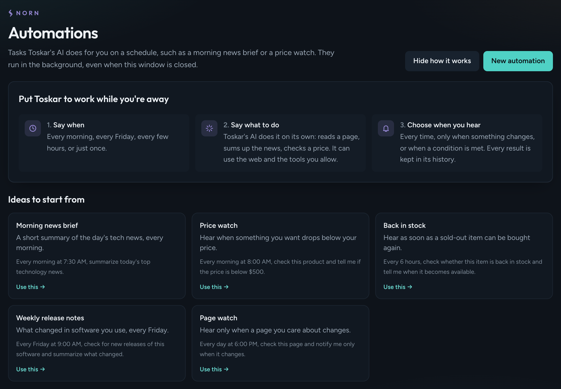 The Automations page with How it works open: say when, say what to do, choose when you hear, and five ideas to start from