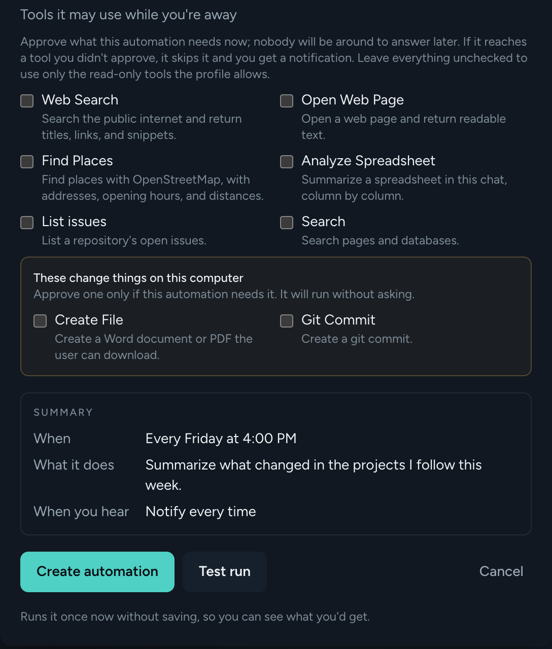 Tools the automation may use, with tools that change things listed apart; a summary of when it runs, what it does, and when you hear; and the Create automation and Test run buttons